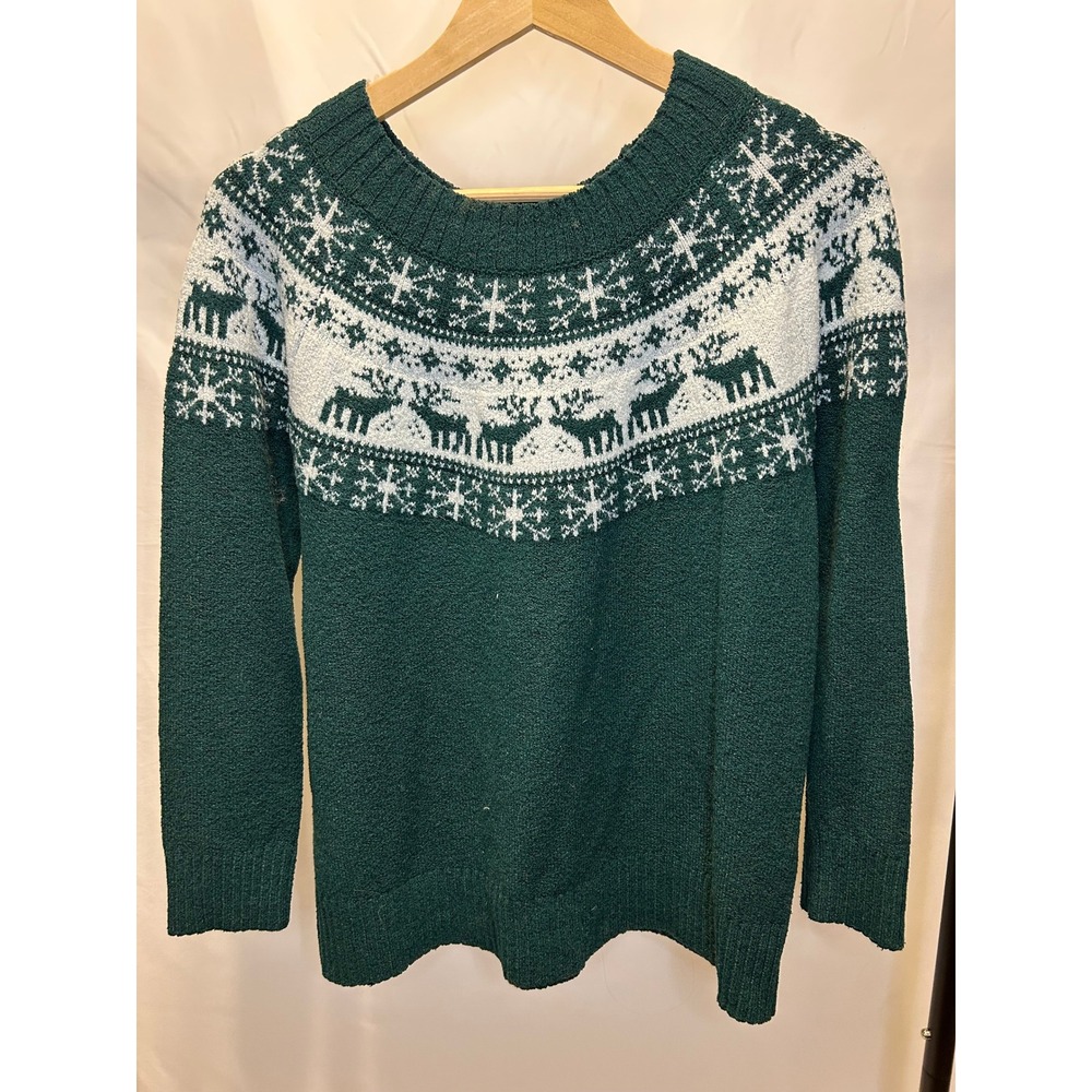 Maurices Fair Isle Sweater Women Large Green Good Reindeer Snowflake Knit